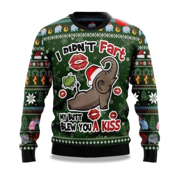 2025 Elephant I Didn'T Fart My Butt Blew You A Kiss Ugly Christmas Sweater 1