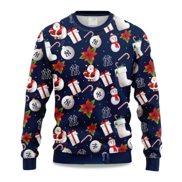 2025 Festive Yankees Christmas Santa And Ornaments Ugly Sweater 1