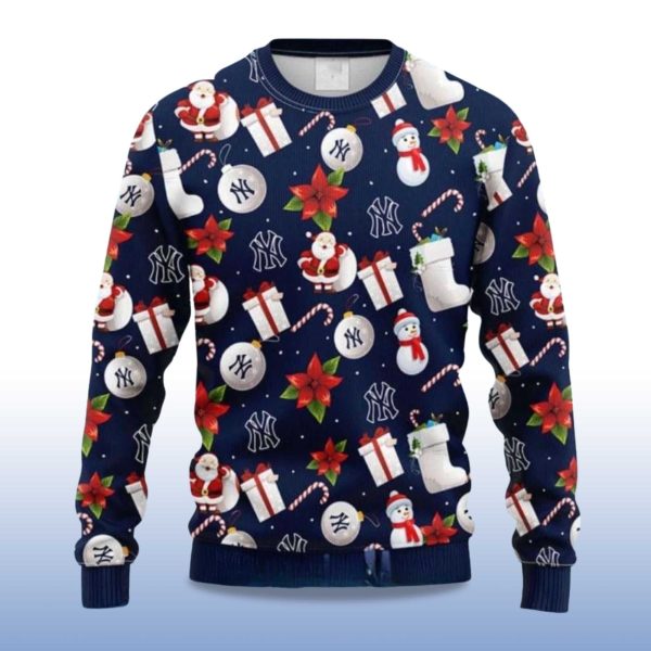 2025 Festive Yankees Christmas Santa And Ornaments Ugly Sweater 2