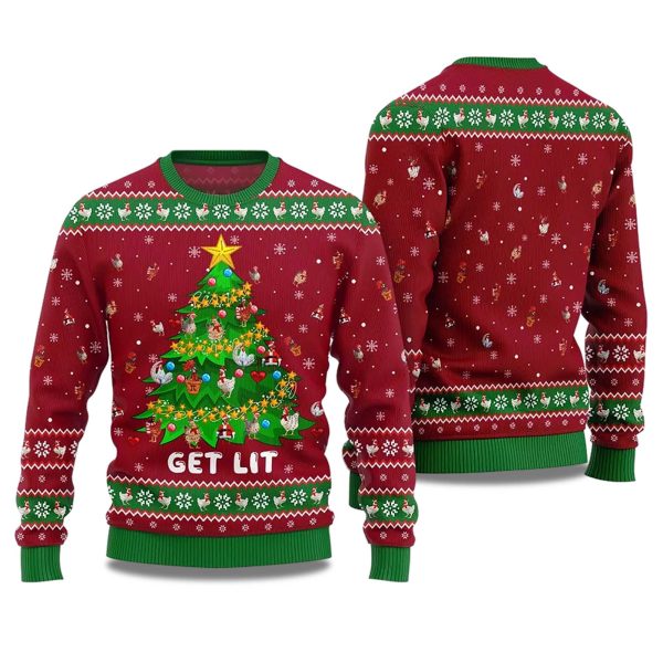2025 Get Lit Chicken Ornament On Christmas Tree Ugly Christmas Sweater 1