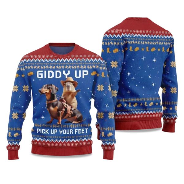 2025 Giddy Up Pick Up Your Feet Dachshund Capybara Ugly Christmas Sweater 1