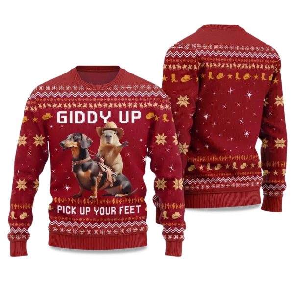 2025 Giddy Up Pick Up Your Feet Dachshund Capybara Ugly Christmas Sweater 2