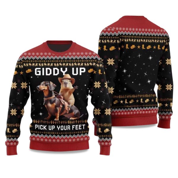 2025 Giddy Up Pick Up Your Feet Dachshund Capybara Ugly Christmas Sweater 3