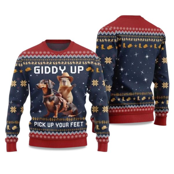 2025 Giddy Up Pick Up Your Feet Dachshund Capybara Ugly Christmas Sweater 4