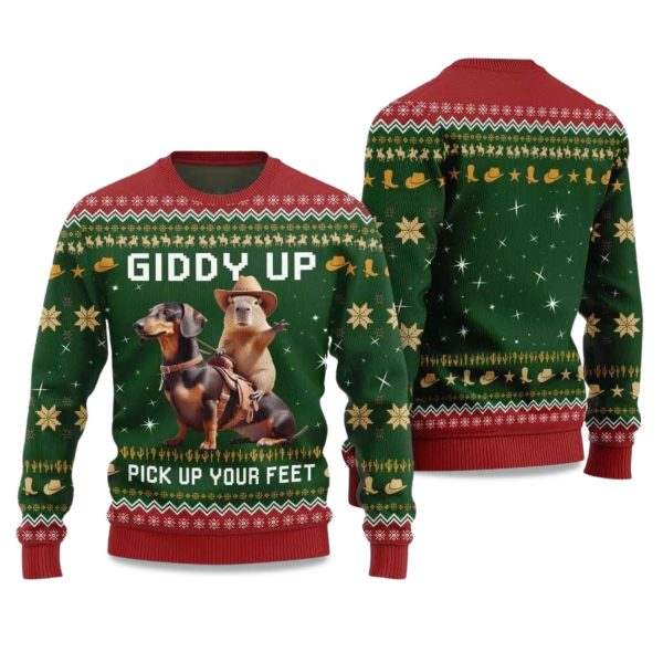 2025 Giddy Up Pick Up Your Feet Dachshund Capybara Ugly Christmas Sweater 5