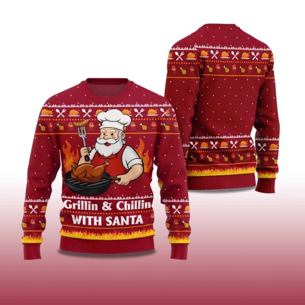 2025 Grillin and Chillin With Santa Ugly Christmas Sweater 2