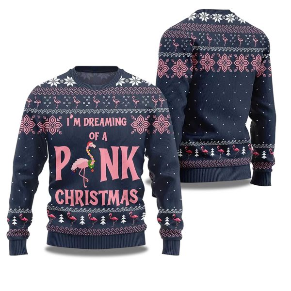 2025 Im Dreaming Of Pink Christmas Flamingo Ugly Christmas Sweater 1