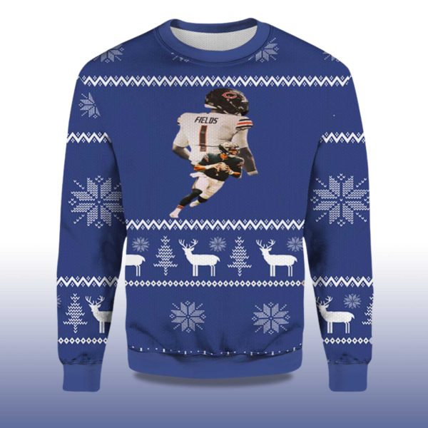2025 Justin Fields Chicago Bear Down Ugly Christmas Sweater 2