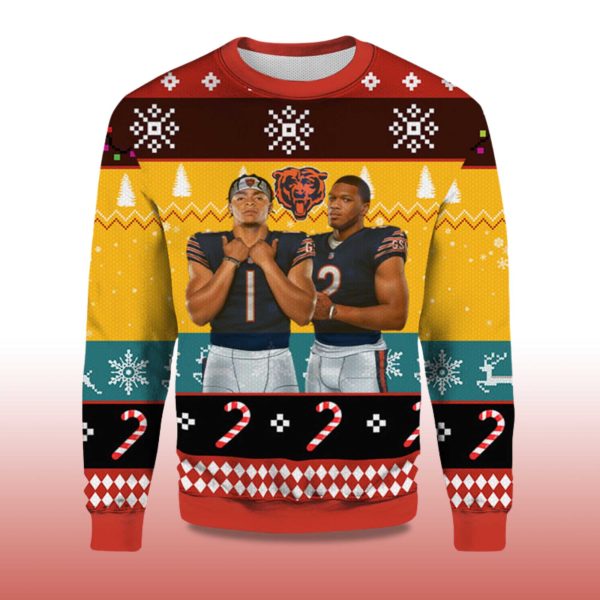 2025 Justin Fields and Dj Moore Chicago Bears Ugly Sweater 2