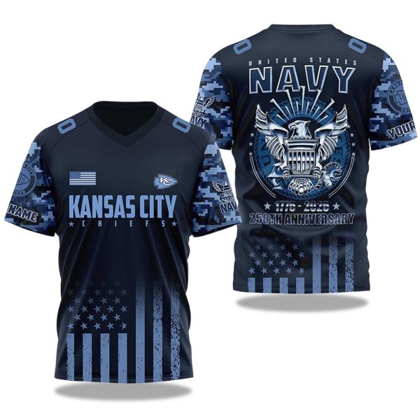 2025 Kansas City Chiefs US Navy 250th Birthday Celebration V neck Short Sleeve Jersey 1