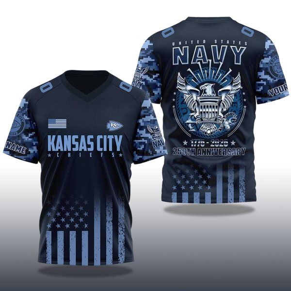 2025 Kansas City Chiefs US Navy 250th Birthday Celebration V neck Short Sleeve Jersey 2
