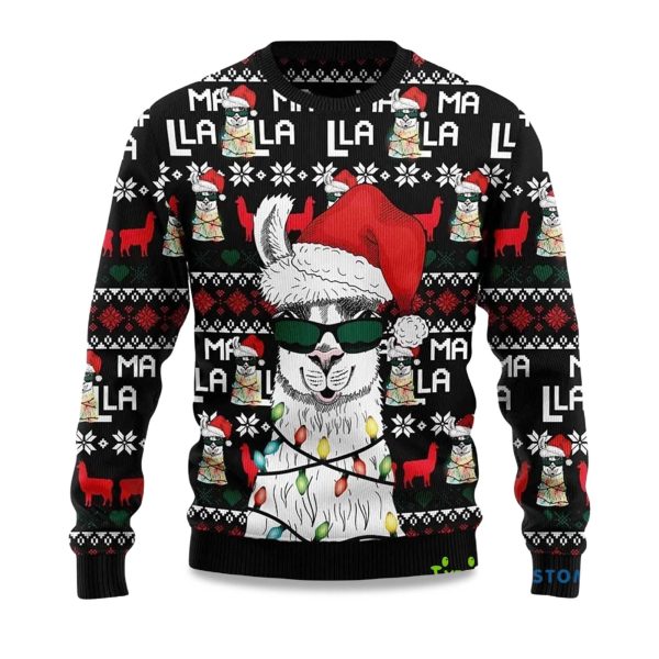 2025 Llama Christmas Light Ugly Christmas Sweater 1