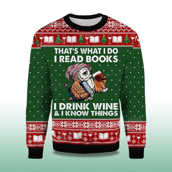 2025 Owl Thats What I Do I Read Books I Drink Wine and I Know Things Ugly Christmas Sweater 2