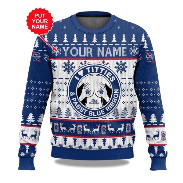 2025 Pabst Blue Ribbon Titties Christmas Ugly Sweater 1