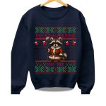 2025 Rocking Around The Tee Hockey Racoon Ugly Christmas Sweater