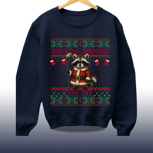 2025 Rocking Around The Tee Hockey Racoon Ugly Christmas Sweater 2