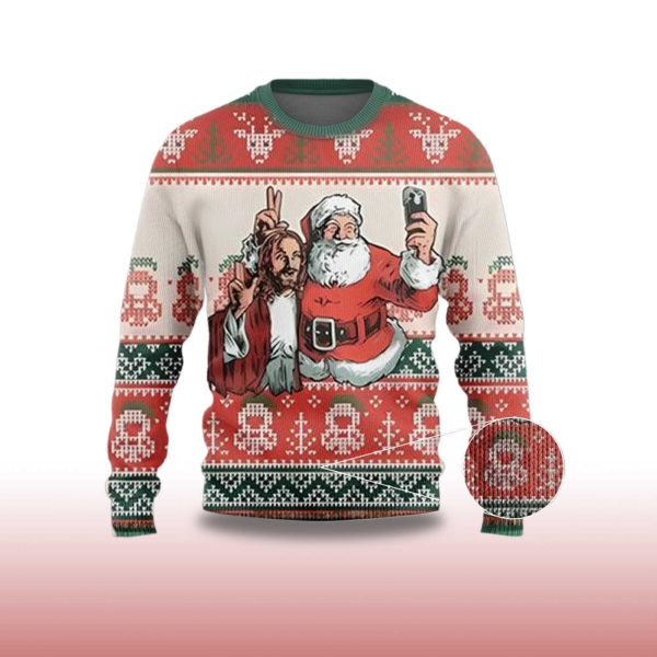 2025 Santa And Jesus Selfie Ugly Christmas Sweater