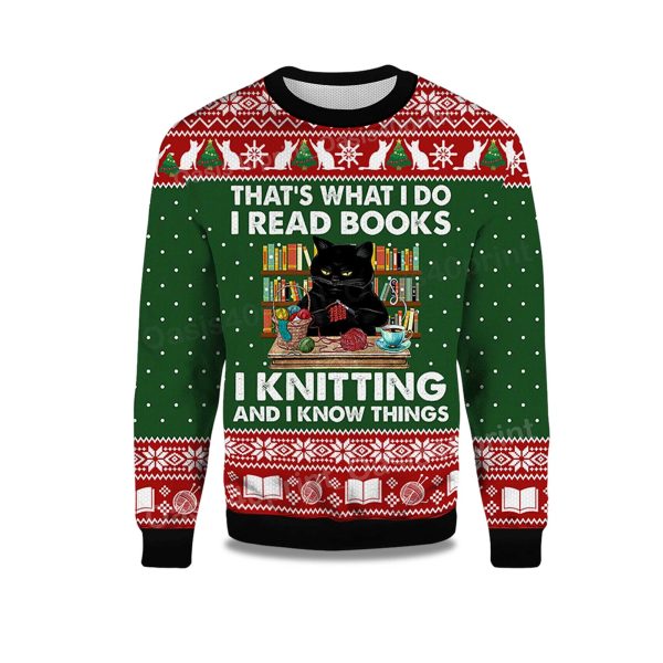 2025 Thats What I Do I Read Books Black Cat Ugly Christmas Sweater 1
