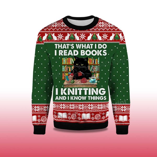 2025 Thats What I Do I Read Books Black Cat Ugly Christmas Sweater 2