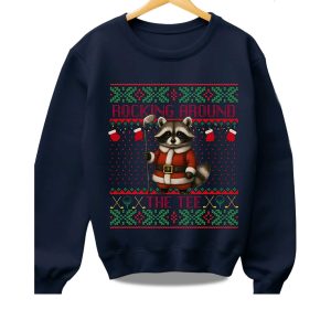 2025 Rocking Around The Tee Hockey Racoon Ugly Christmas Sweater 1