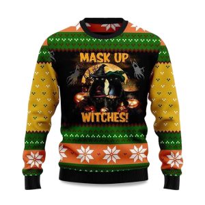 2025 Black Cat Mask up Witches Ugly Christmas Sweater 1