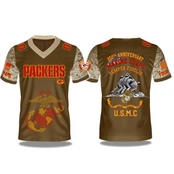 Green Bay Packers USMC 250th Birthday Night 2025 V neck Short Sleeve Jersey 1