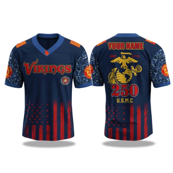 Minnesota Vikings USMC 250TH Birthday Celebration V neck Short Sleeve Jersey 2025 1