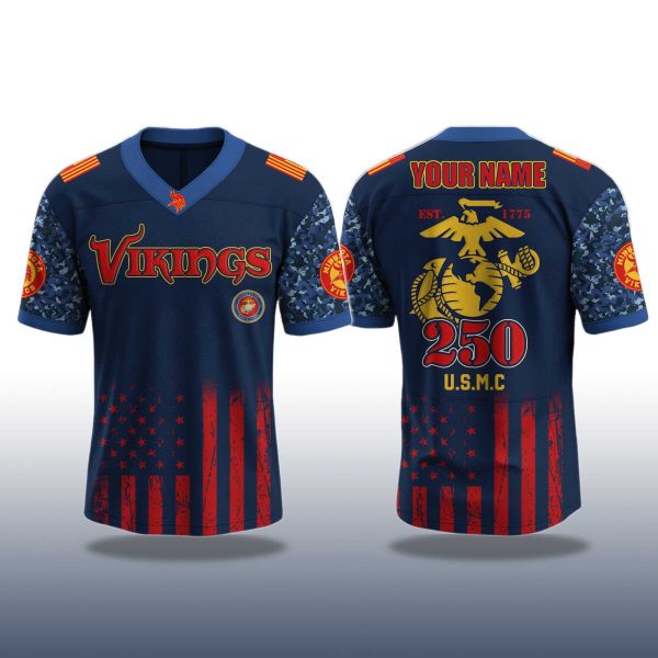 Minnesota Vikings USMC 250TH Birthday Celebration V neck Short Sleeve Jersey 2025 2