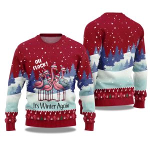 2025 Oh Flock Its Winter Again Flamingo Ugly Christmas Sweater 1