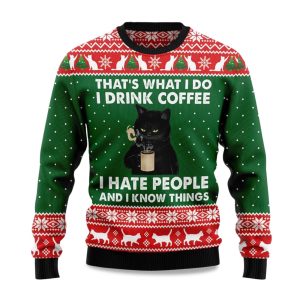 2025 Black Cat Drink Coffee Christmas Ugly Sweater 1