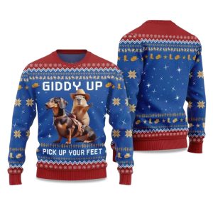 2025 Giddy Up Pick Up Your Feet Dachshund Capybara Ugly Christmas Sweater 1