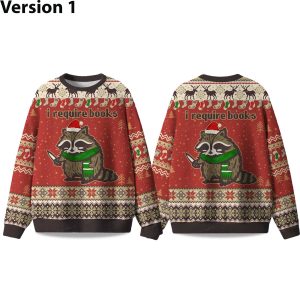 2025 I Require Books Raccoon Ugly Christmas Sweater (1)