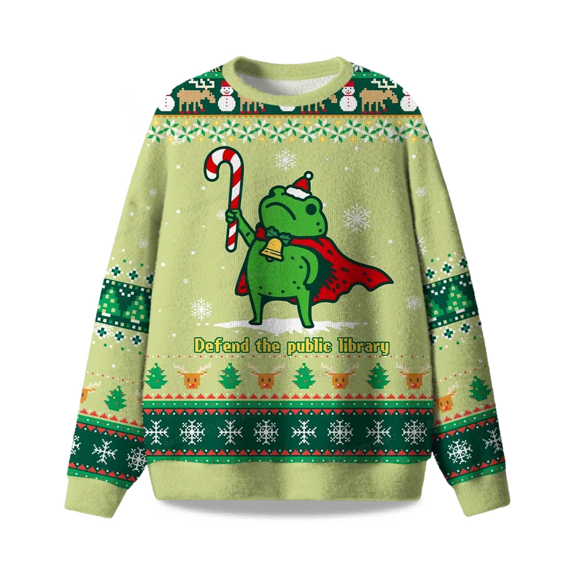 2025 Defend The Public Library Frog Ugly Christmas Sweater 2025 Defend The Public Library Frog Ugly Christmas Sweater