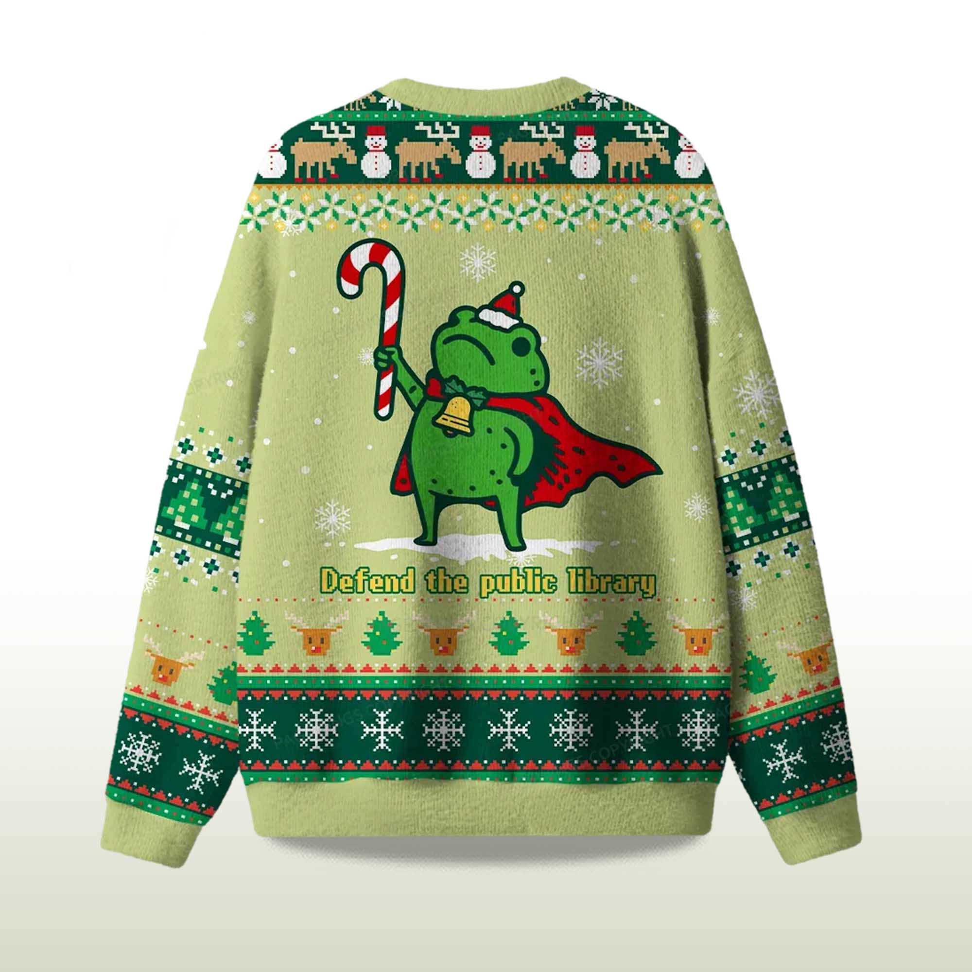 2025 Defend The Public Library Frog Ugly Christmas Sweater 2 2025 Defend The Public Library Frog Ugly Christmas Sweater