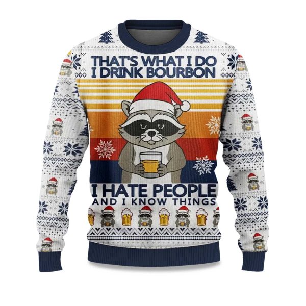 2025 Raccoon Thats What I Do I Drink Bourbon Ugly Christmas Sweater 1