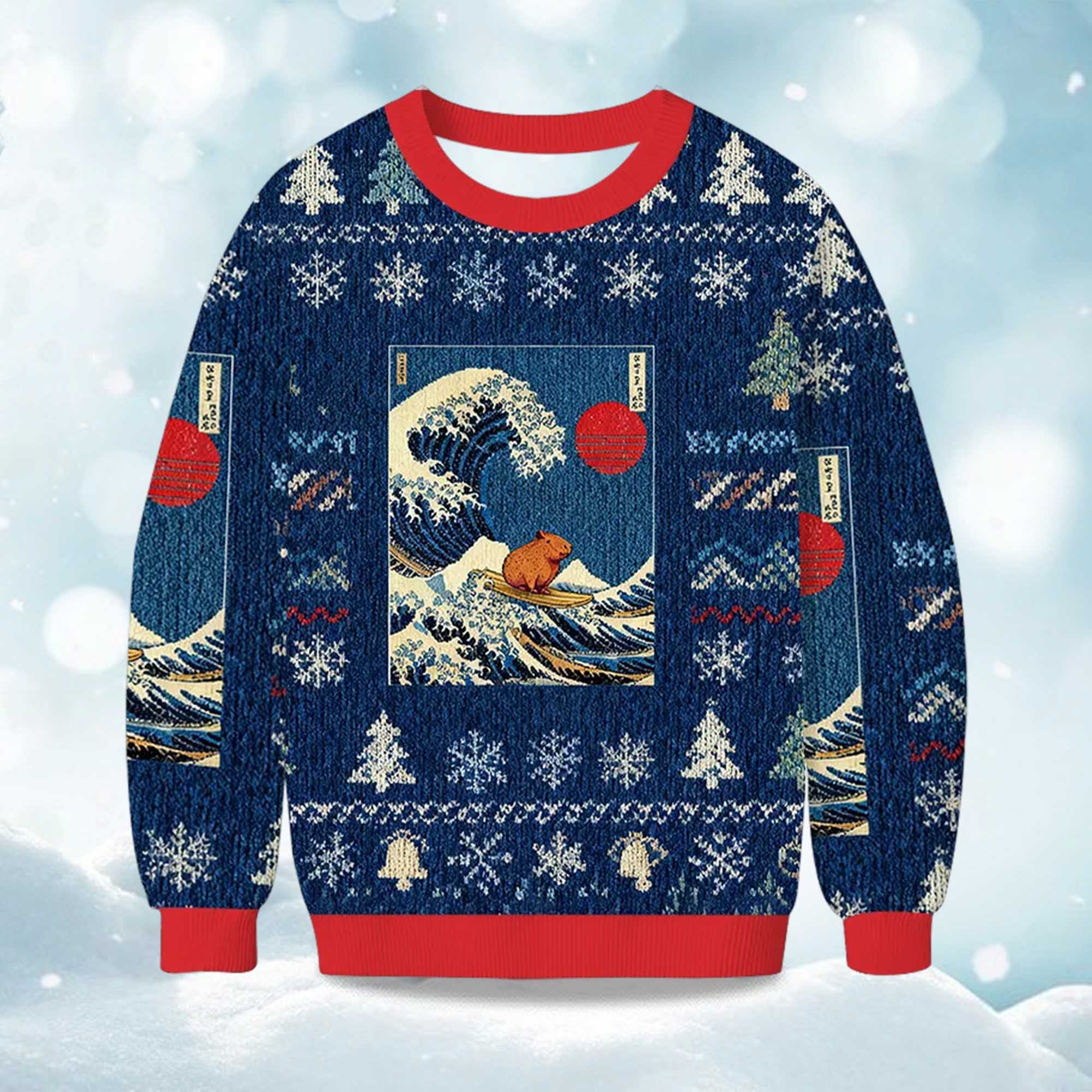 2025 Capybara Surfing Christmas Ugly Sweater 2025 Capybara Surfing Christmas Ugly Sweater