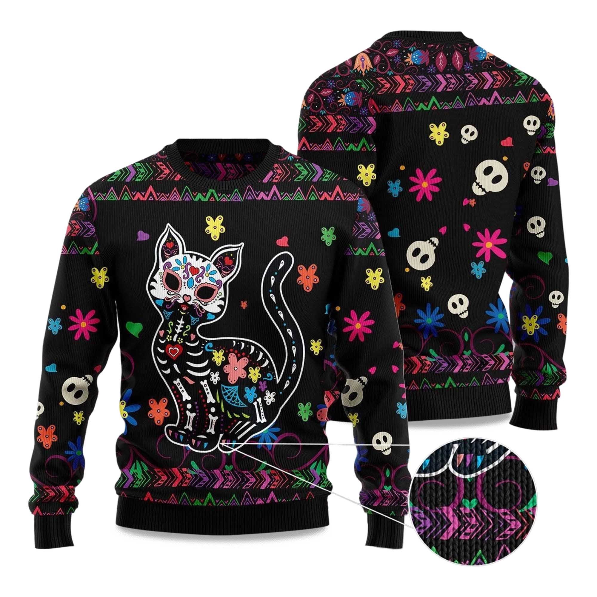 2025 Cat Sugar Skull Ugly Christmas Sweater 2025 Cat Sugar Skull Ugly Christmas Sweater