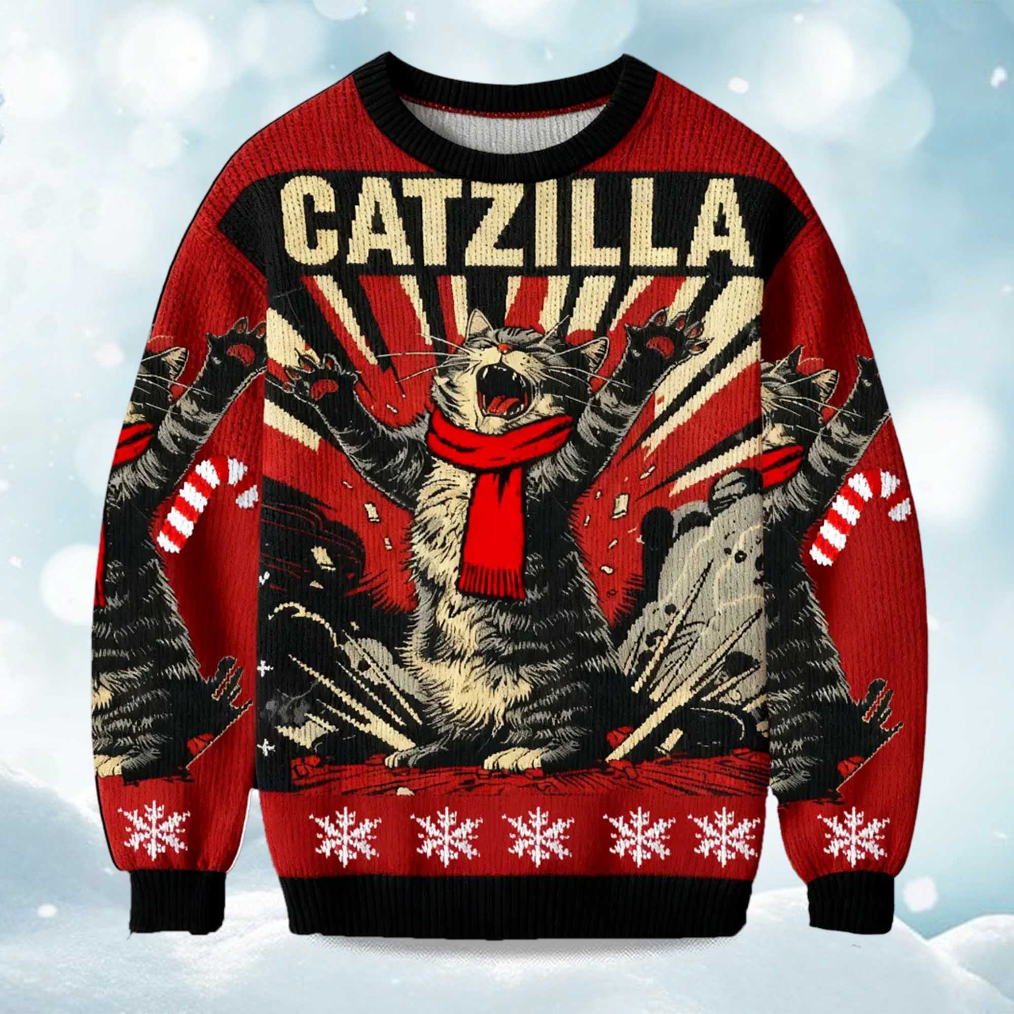 2025 Catzilla Roaring Funny Cat Retro Christmas Ugly Sweater 2025 Catzilla Roaring Funny Cat Retro Christmas Ugly Sweater