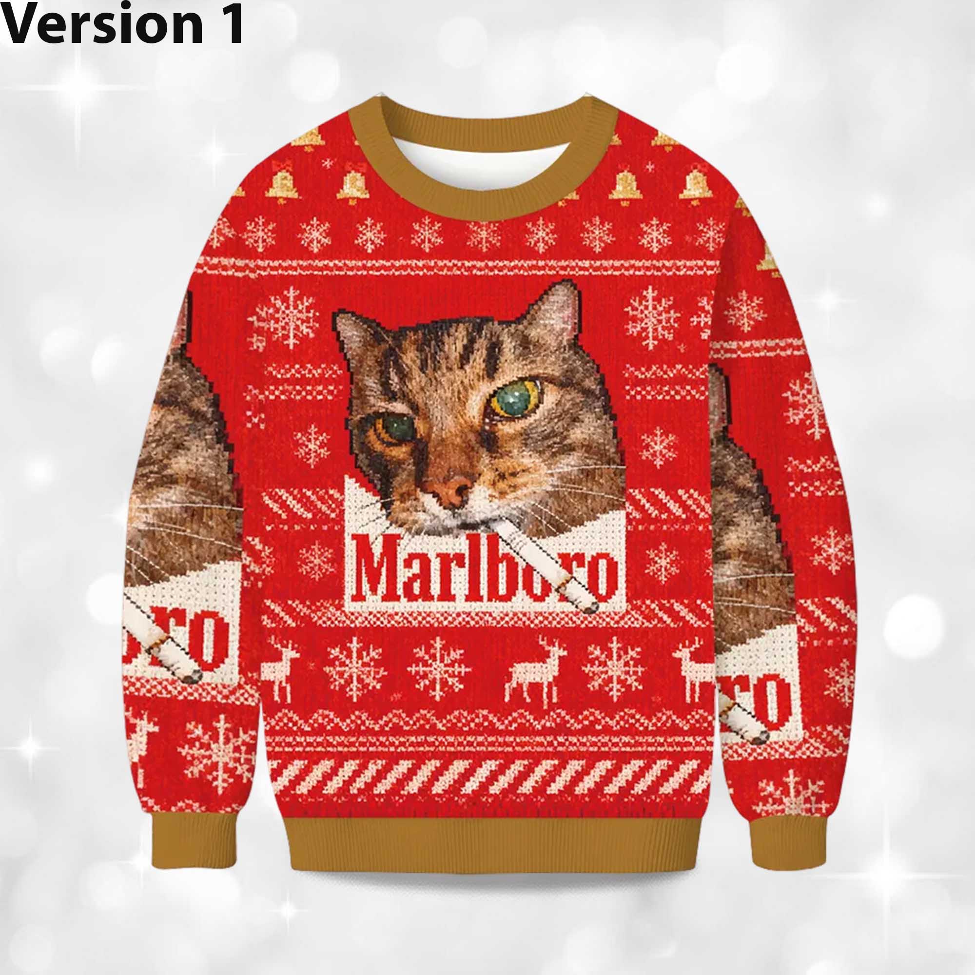 2025 Marlboro Smoking Cat Meme Christmas Ugly Sweater 2025 Marlboro Smoking Cat Meme Christmas Ugly Sweater