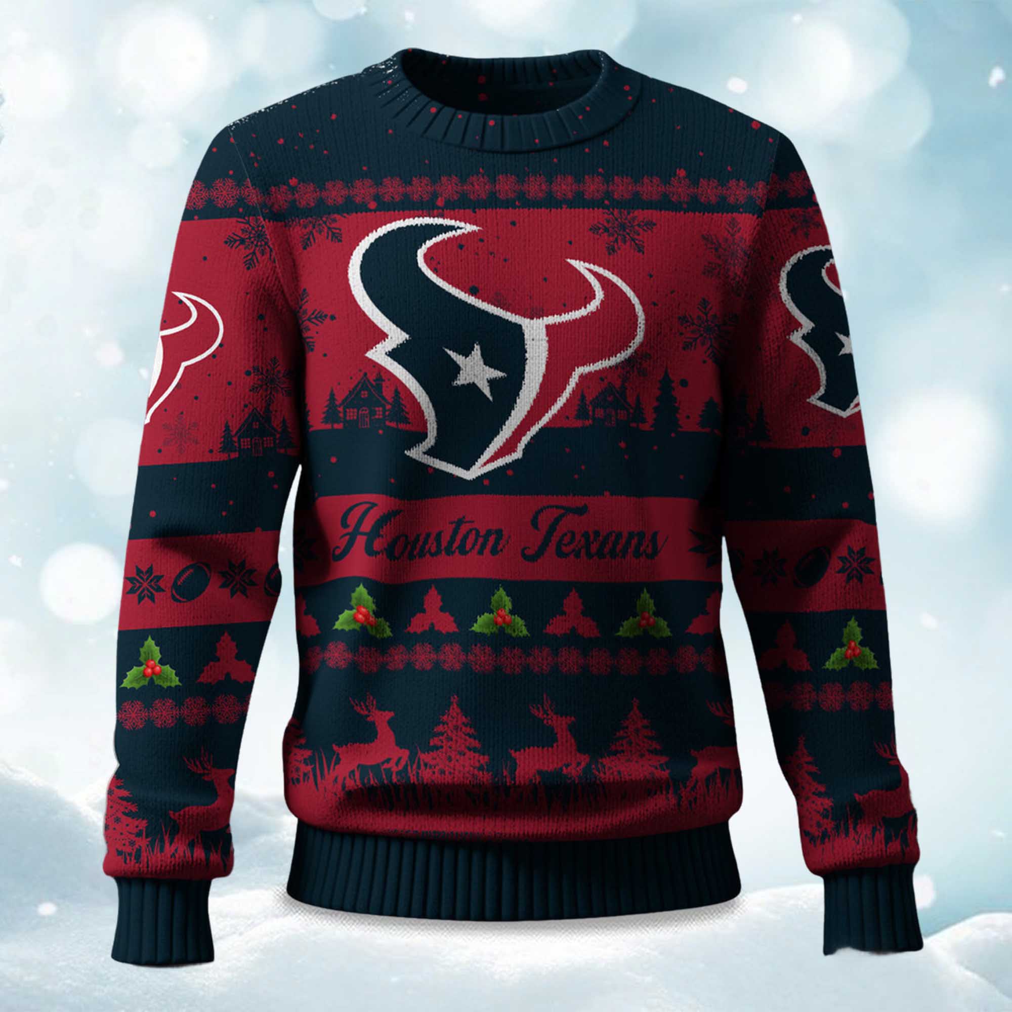 2025 Christmas Texans Festive Reindeer & Tree Ugly Sweater 2025 Christmas Texans Festive Reindeer & Tree Ugly Sweater