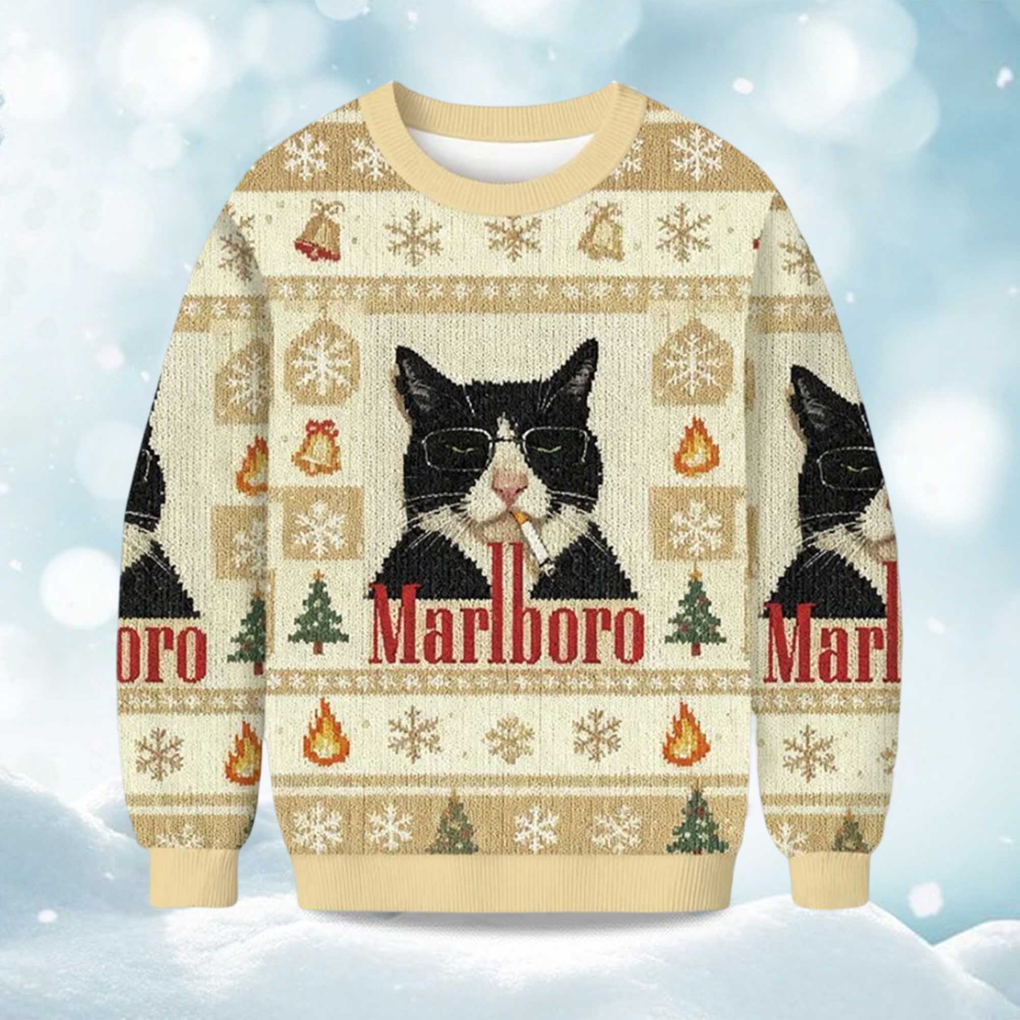2025 Funny Cat Smoking Marlboro Christmas Ugly Sweater 2025 Funny Cat Smoking Marlboro Christmas Ugly Sweater