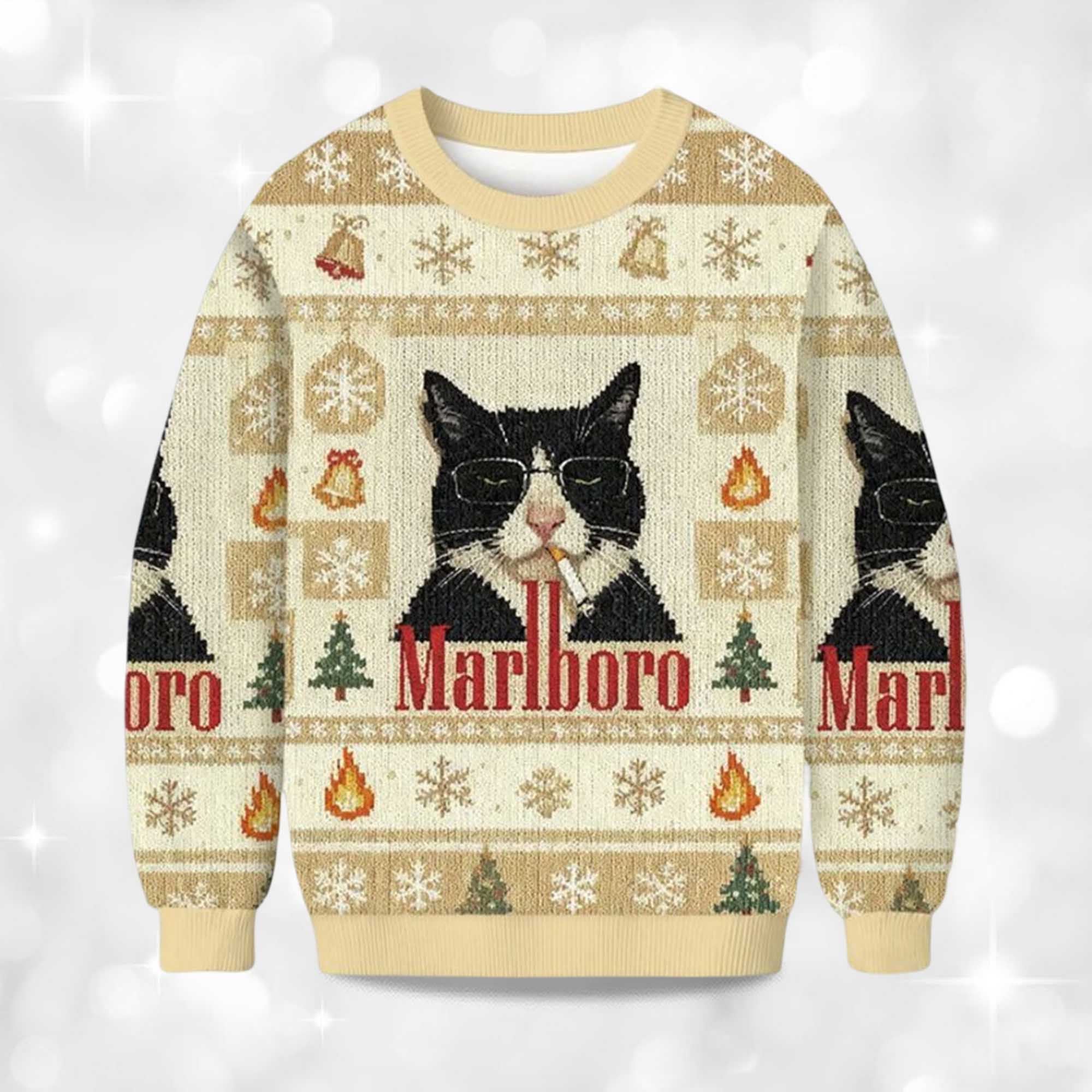 2025 Funny Cat Smoking Marlboro Christmas Ugly Sweater 2 2025 Funny Cat Smoking Marlboro Christmas Ugly Sweater