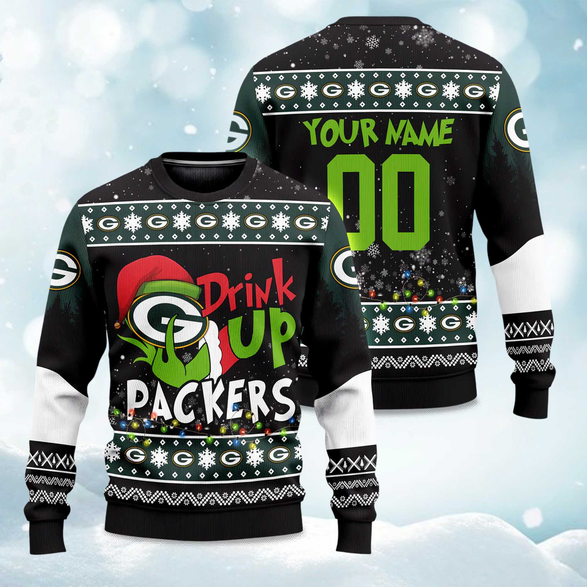 2025 Packers Drink Up Grnch Christmas Ugly Sweater 2025 Packers Drink Up Grnch Christmas Ugly Sweater