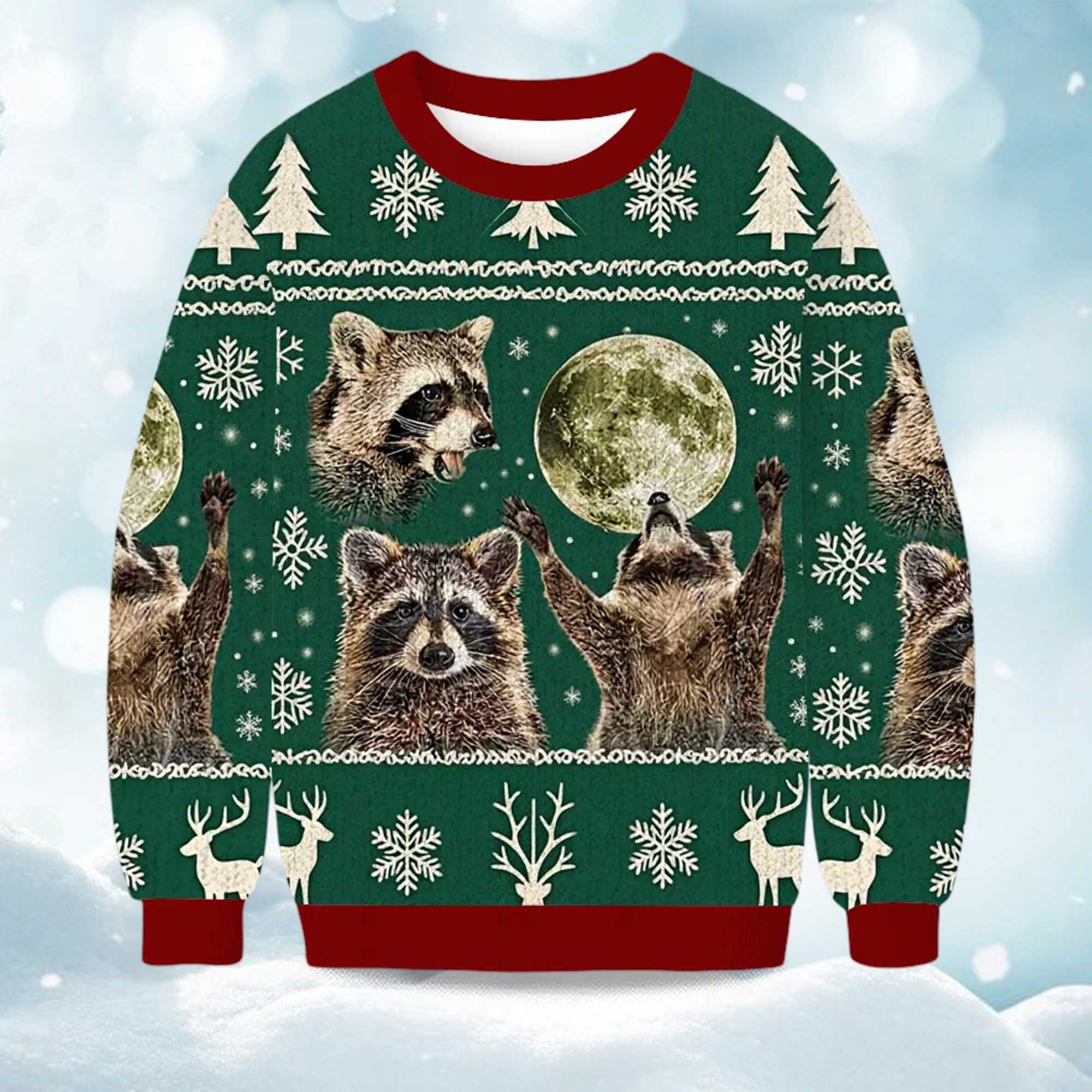 2025 Raccoons Howling At Moon Christmas Ugly Sweater 2025 Raccoons Howling At Moon Christmas Ugly Sweater