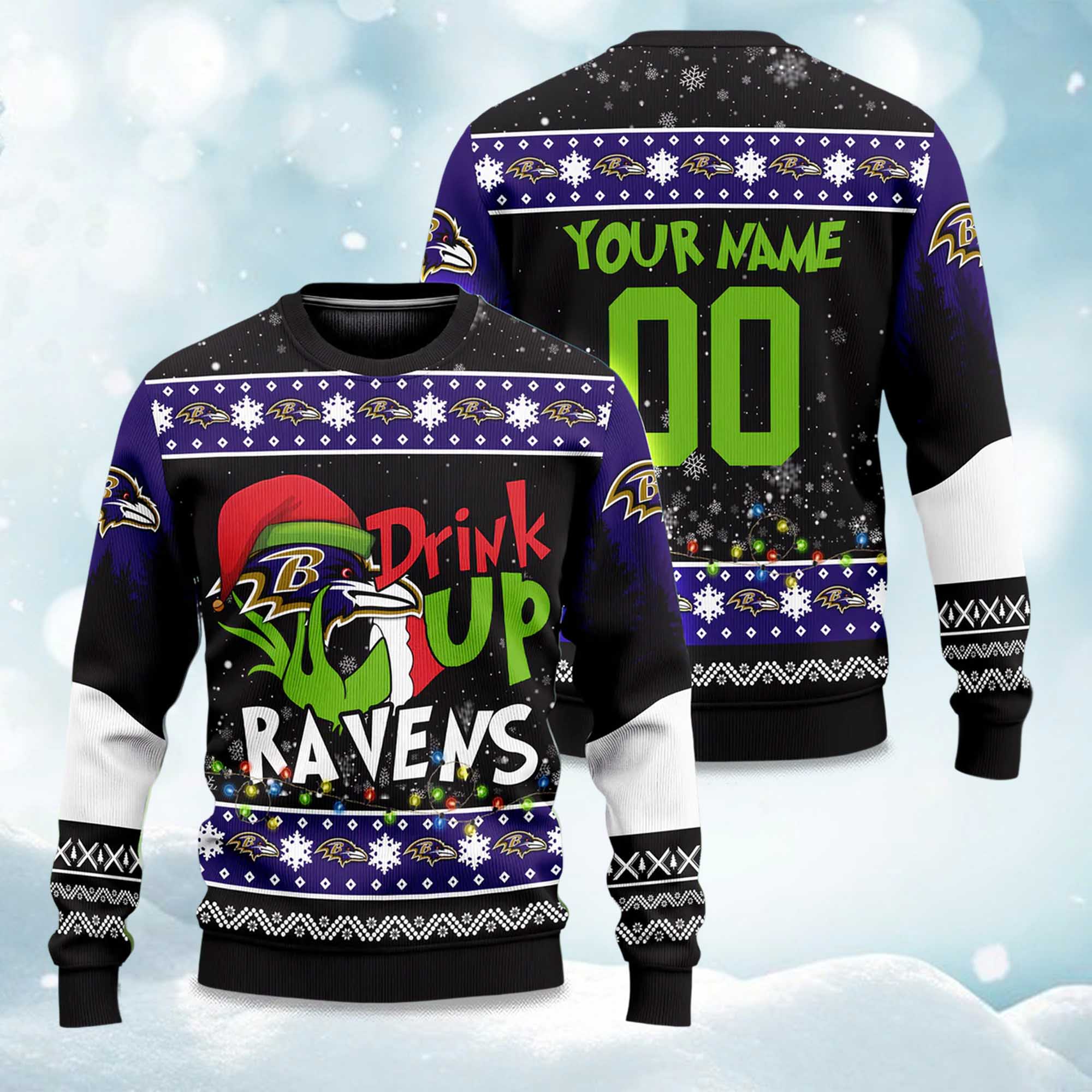 2025 Ravens Drink Up Grnch Christmas Ugly Sweater 2025 Ravens Drink Up Grnch Christmas Ugly Sweater