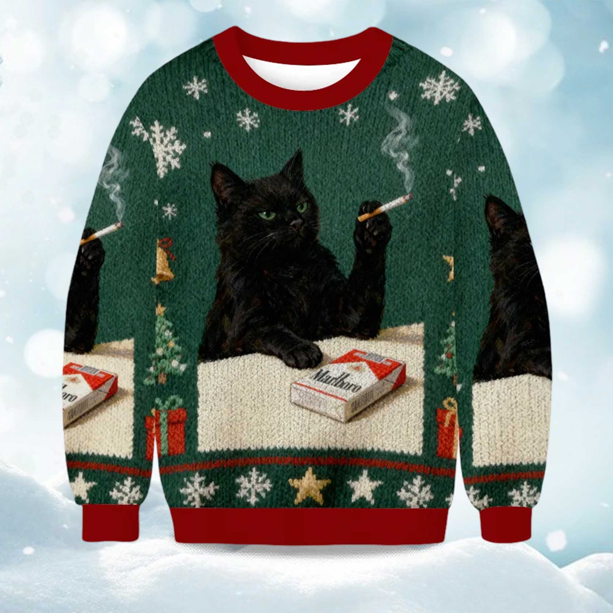 2025 Smoking Marlboro Black Cat Meme Christmas Ugly Sweater 2025 Smoking Marlboro Black Cat Meme Christmas Ugly Sweater
