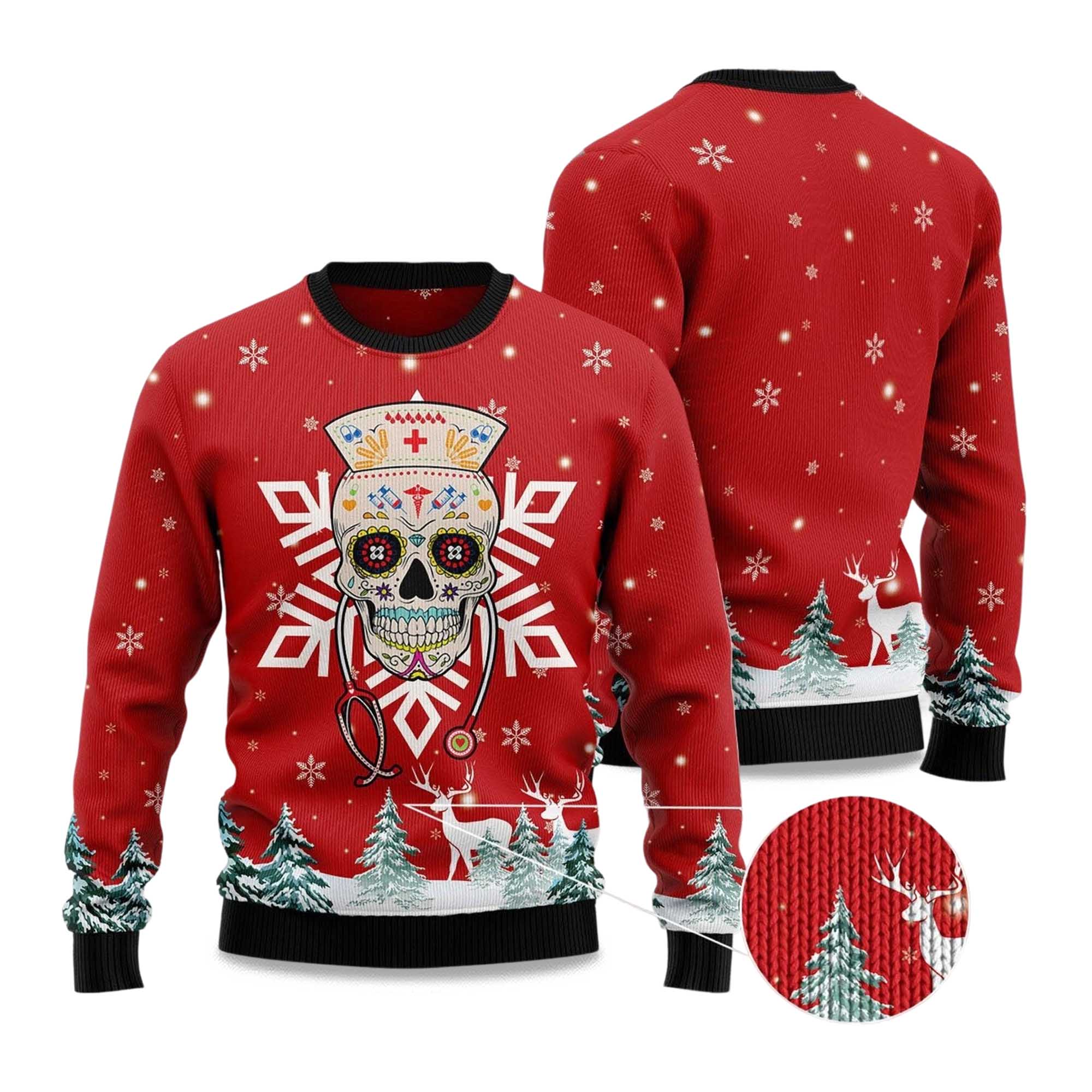 2025 Sugar Skull Nurse Ugly Christmas Sweater 2025 Sugar Skull Nurse Ugly Christmas Sweater