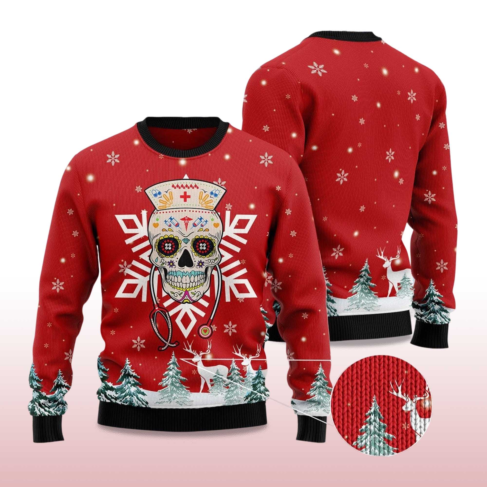 2025 Sugar Skull Nurse Ugly Christmas Sweater 2 2025 Sugar Skull Nurse Ugly Christmas Sweater 2