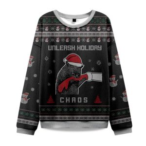 2025 Black Cat Unleash Holiday Chaos Christmas Ugly Sweater 1