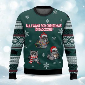 2025 Christmas All I Want For Christmas Is Raccoons Ugly Sweater 1